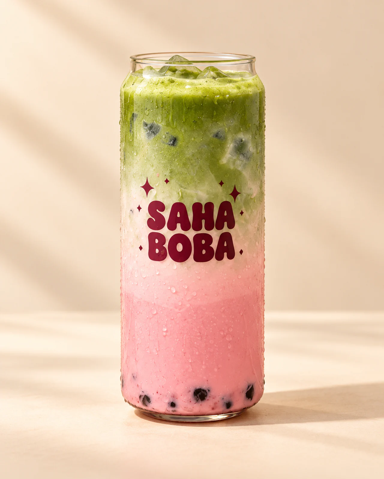 Saha Strawberry Matcha Latte can shown from lid to base